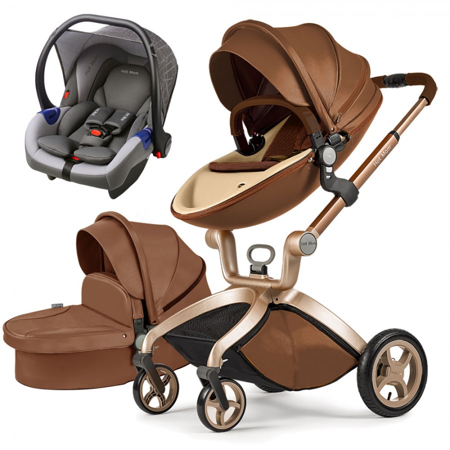 Καροτσάκι μωρού HOT MOM καφέ 3 σε 1